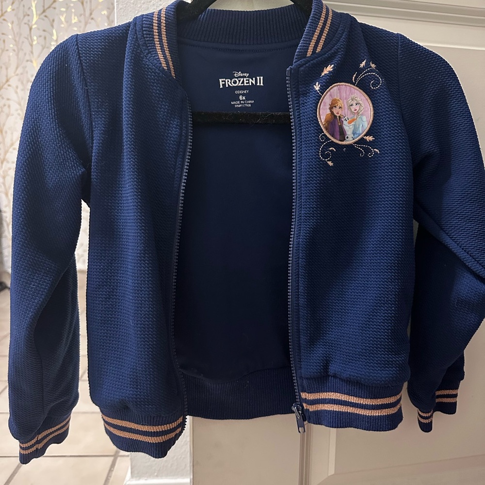 Disney Navy and Pink-Gold Frozen II Girls' Bomber Jacket with Anna & Elsa Patch